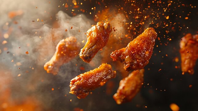 Close up of fried chicken wings flying in the air with hot chili spices and smoke.