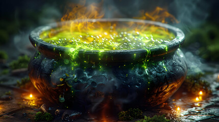 3D Illustration of a Witch's Cauldron with Green Potion Bubbling