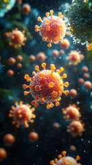 Microscopic view of a virus with a dark background.