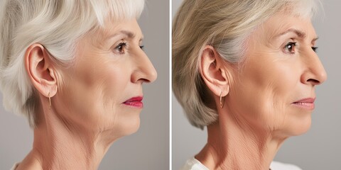 Senior woman face before, after biorevitalization procedure. Close-up shows skin rejuvenation, anti-aging effect. Collagen correction, wrinkle reduction, facial rejuvenation. Cosmetic treatment, skin