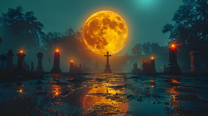 Obraz premium Graveyard with Full Moon and Candles Illustration