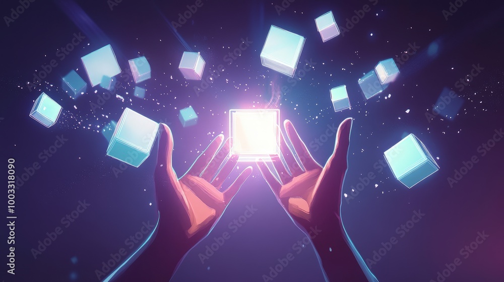 Poster illuminated innovation - vector illustration of glowing cubes in hands sparking creativity | 8k uhd 