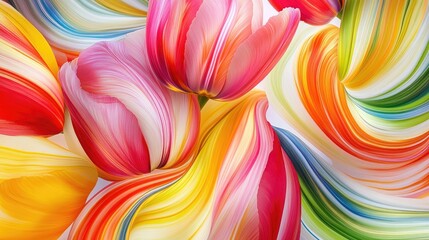 Fototapeta premium Bold and vibrant swirling tulip flowers with colorful stripes, forming a mesmerizing abstract pattern on a white backdrop during an artistic display