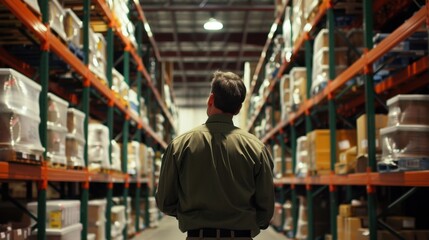 Warehouse Worker Observing Storage Aisles