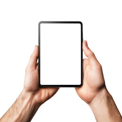 Hands Holding Tablet with White Screen