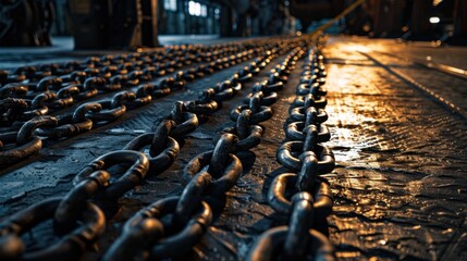 Obraz premium Metallic Chains on Industrial Floor at Sunset