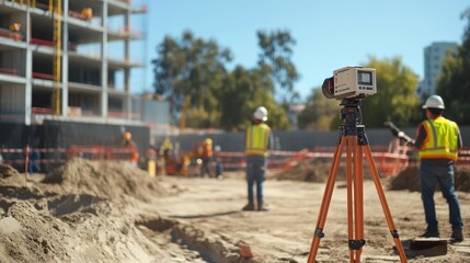 Generate a photo realistic image of air quality monitoring at a construction site, with air quality monitors, dust control measures, air pollution sensors