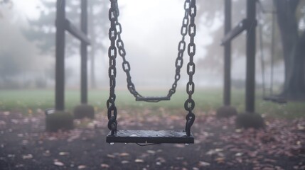 Empty Swing Set in Foggy Playground Atmosphere