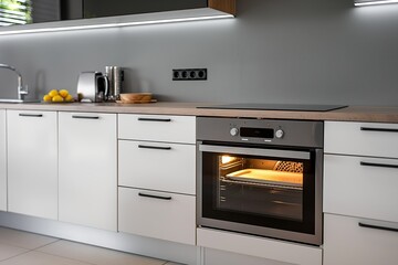 Fototapeta premium Modern kitchen interior with sleek electric oven. Kitchen utensils and appliances. Home cooking and baking. Domestic equipment for food preparation. Flat design style.