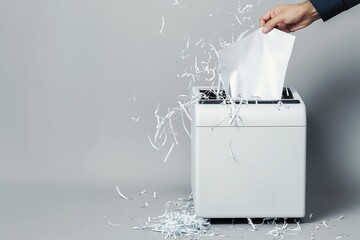 Sheet of paper shredded into strips by office shredder on modern light grey background. Space for text, confidential document destruction, secure disposal of sensitive information.