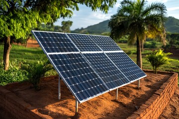 A hyper-realistic rural school with solar panels, where every detail from the brickwork to the trees is captured in vivid clarity, representing modern rural education