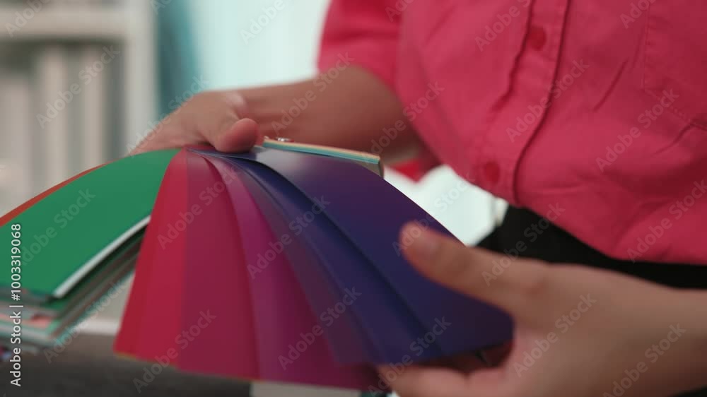 Poster slow motion hand closeup of professional architect and interior designer presenting material and col