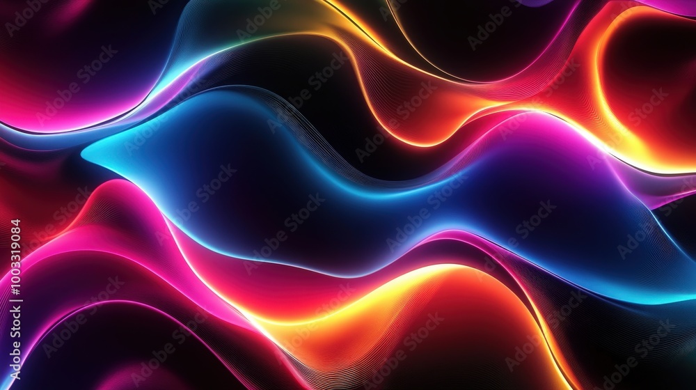 Poster neon dreamscape: vibrant abstract 3d rendering with curvy glowing lines in 8k uhd