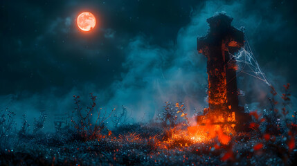 Fototapeta premium Spooky Graveyard Illustration with Full Moon and Fog