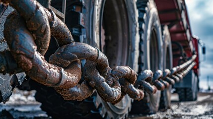 Naklejka premium Heavy Chains Linking Truck Wheels in Industrial Setting