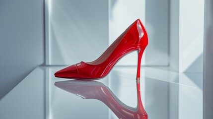 This striking pair of glossy red high heels stands prominently on a sleek reflective surface, highlighting their bold color and elegant design. The modern setting enhances their allure