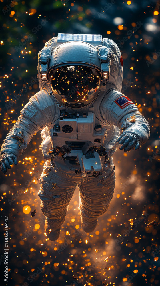 Wall mural astronaut floating in space with glowing particles.