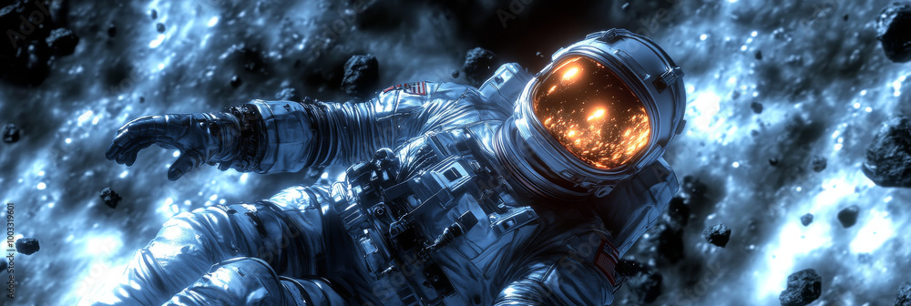 Wall mural astronaut floating through space, surrounded by debris.