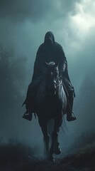 Dark hooded silhouette riding horse amidst thick swirling fog image