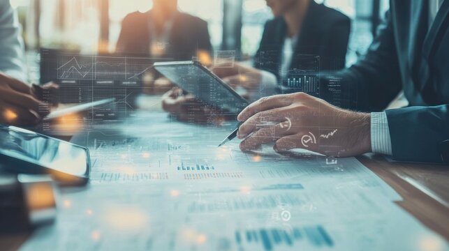 Generate a photo realistic image of construction project teams collaborating on project tasks, with brainstorming session, project plans on whiteboard, digital devices, 