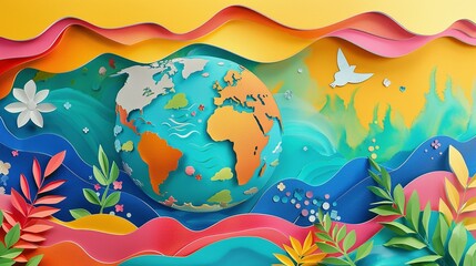 Obraz premium Papercut Earth Globe Surrounded by Colorful Wavy Paper and Flowers