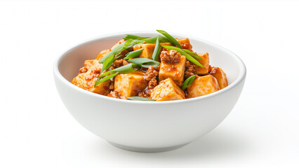 Fototapeta premium Delicious tofu dish garnished with green onions, featuring savory sauce and rich texture. Perfect for healthy meal option or vegetarian cuisine lovers.