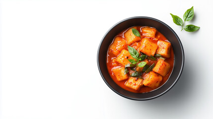 Delicious spicy kimchi made with diced vegetables, served in black bowl, garnished with fresh basil leaves. This vibrant dish is perfect for adding flavor to any meal.