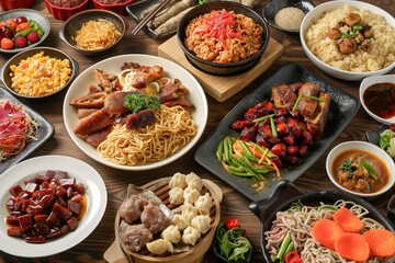 Assortment of Chinese food on wooden table. Variety of dishes including noodles, rice, vegetables. Wooden table with multiple plates, bowls. Chinese cuisine with different ingredients, spices.