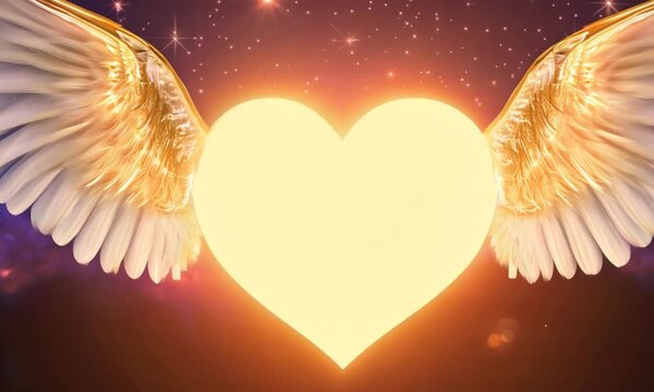 A heart with angel wings bathed in a mystical warm light, floating gently in a twilight sky filled with twinkling stars