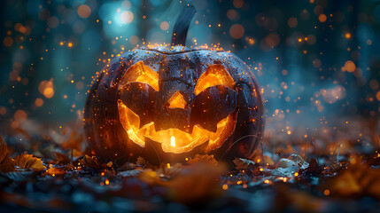 Fototapeta premium Glowing Jack-o'-lantern in the Forest Illustration