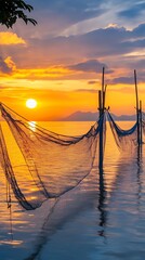 Fototapeta premium Pakoras breathtaking sunrise highlighting tranquil fishing dip nets picture