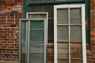 Set of removable window screens near brick wall background. Screens have mesh design for protection against insects. Various materials such as nylon, fiberglass, and metal used for different screens.