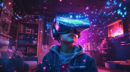 Virtual Sports Prodigy: Young Asian Boy Gaming in Metaverse with VR Headset in Living Room