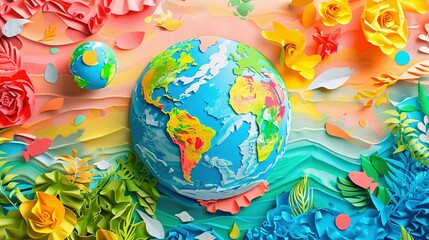 Papercraft Globe Surrounded by Colorful Floral and Aquatic Elements