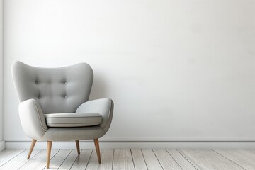 Comfortable grey armchair near white wall in modern room. Simple design, soft colours, cosy atmosphere. Minimalist interior decor, stylish furniture, home decor, apartment living.