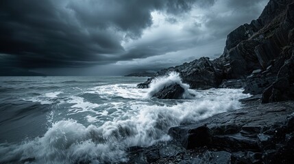 Fototapeta premium Stormy Sea Waves Crash on Rocky Shoreline