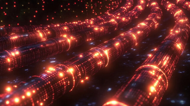 Glowing red data pipelines in a dark digital space.