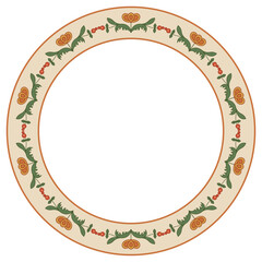 Round floral frame. Circular border with botanical design. Folk style. Wreath of red flowers on light background.