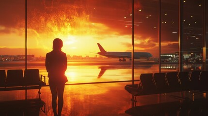 Fototapeta premium Journey of Serenity: Woman Silhouetted at Airport Window Watching Aircraft Take Off in Cinematic 8K UHD