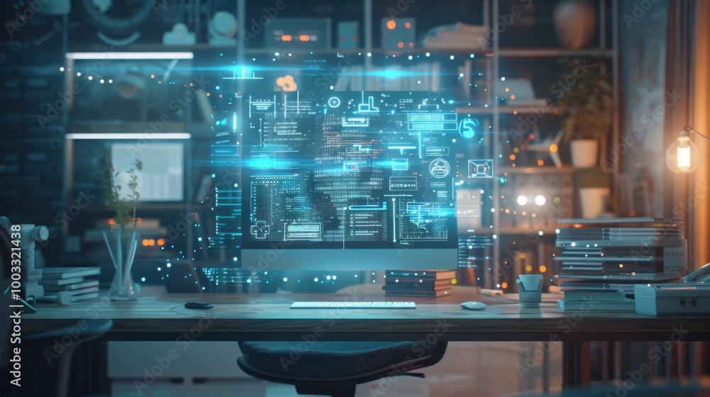 Poster futuristic workspace with digital interface display