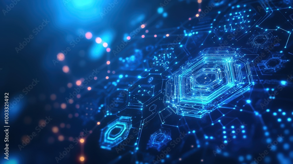Poster neon blue futuristic technology background with hexagon circuit boards and cyber pathways in 8k uhd 
