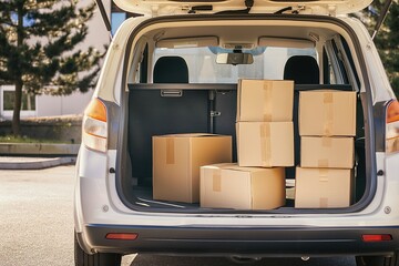 Open car trunk with stacked boxes outdoors. Moving boxes, cardboard containers, packaging materials on ground. Minivan van shown delivering transporting household items to new home office.