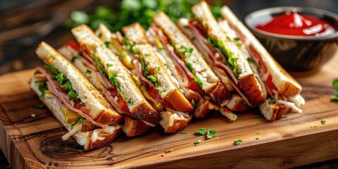 Club sandwiches presented on a wooden board accompanied by a serving of ketchup.