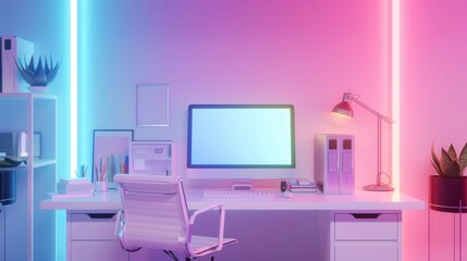 Modern Workspace with Neon Lighting and Minimalist Design