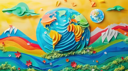 Fototapeta premium Papercraft Earth with Layered Landscape and Flowers