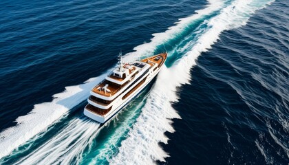 Naklejka premium The Ship Leaves a Wake at Sea with Waves Splashing Behind