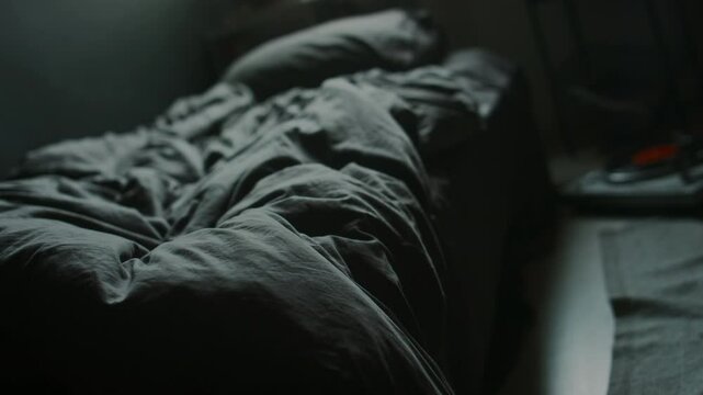 Tilt down shot of painted dark grey wall with collage of photographs and postcards, unmade messy bed and record player on floor next to it