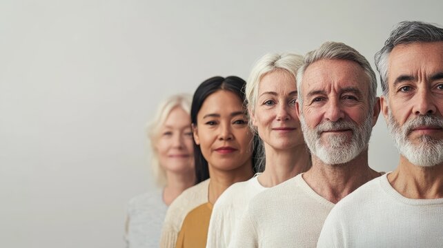 Diverse group of elderly people lined up smiling