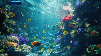 Naklejka premium Vibrant Underwater Scene with Colorful Fish and Coral Reef