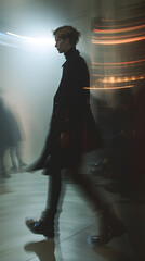 An artistic photograph depicting a stylish individual in motion with a blurred effect, under dramatic lighting, creating a sense of mystery and movement. It is atmospheric and trendy